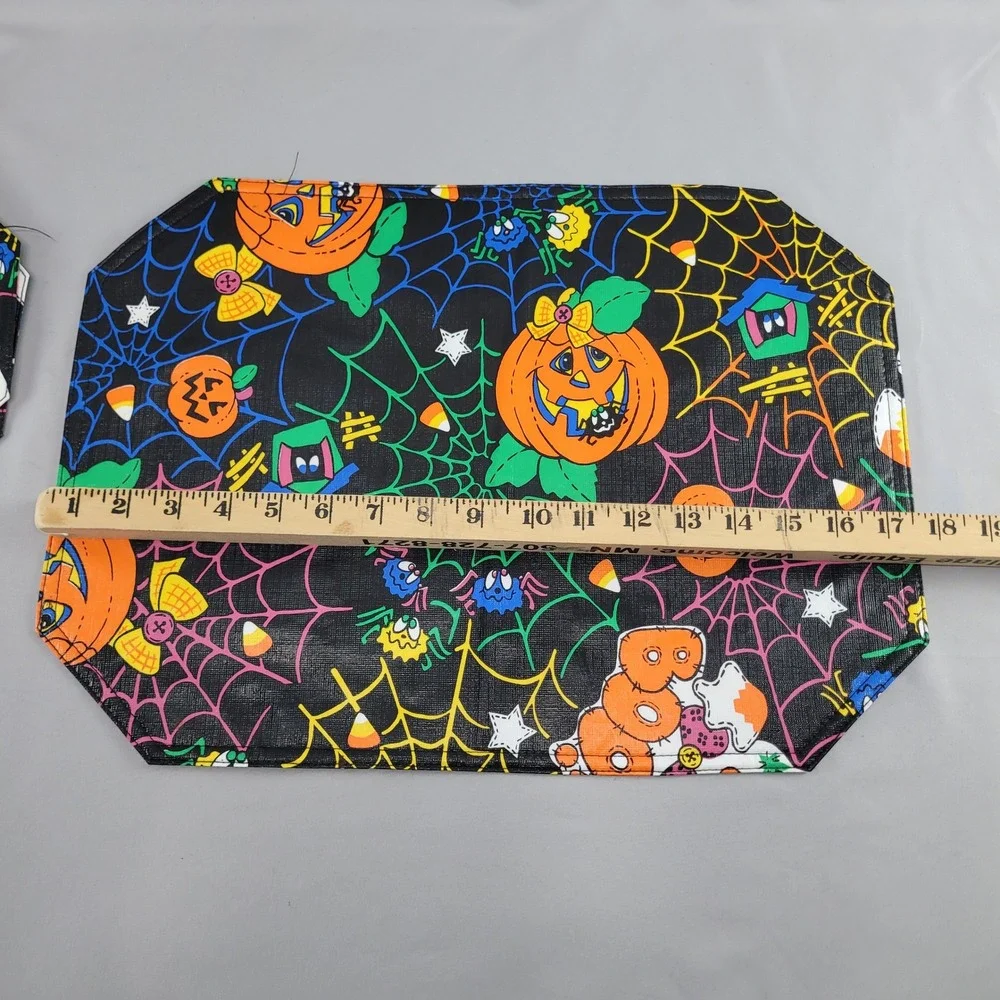 4 Halloween Vinyl Placemat Black Jack o Lantern Pumpkin Ghost Spider Web Vtg
